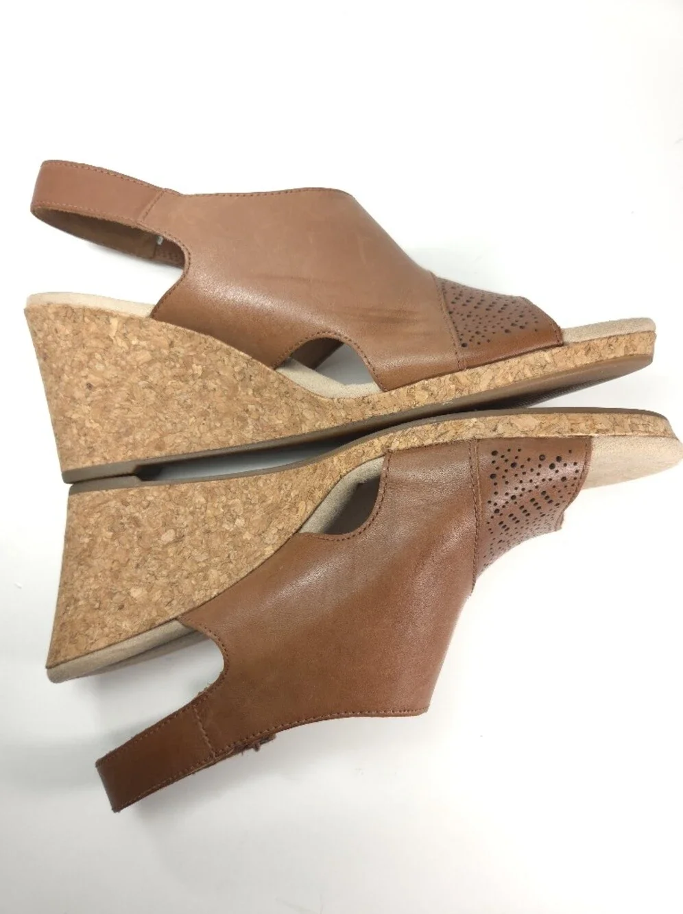 Clarks Lafley Joy Tan Leather Perforated Cork Wedge Slingback Sandals Sz 8.5